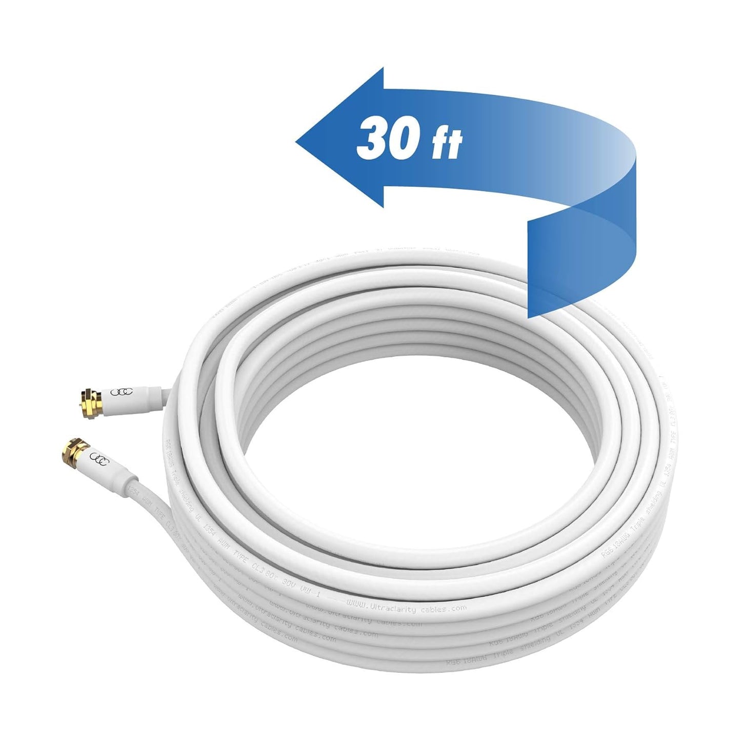RG6 Coaxial Cable 30 FT, CL3 White Coax Cord TV Cable Wire, In-Wall Rated-Digital Audio Video Satellite Cable Extension, Gold Plated Compression Connectors - White