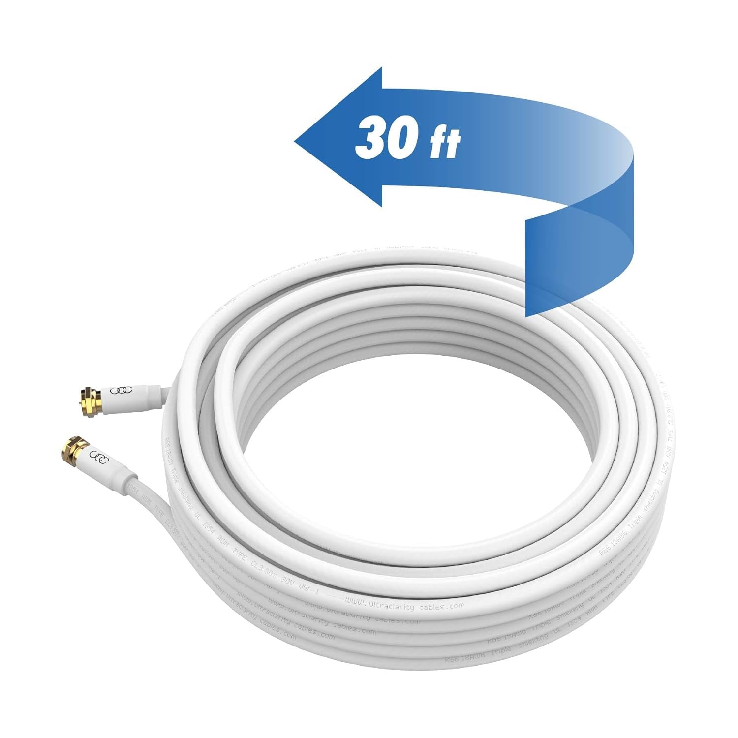 RG6 Coaxial Cable 30 FT, CL3 White Coax Cord TV Cable Wire, In-Wall Rated-Digital Audio Video Satellite Cable Extension, Gold Plated Compression Connectors - White