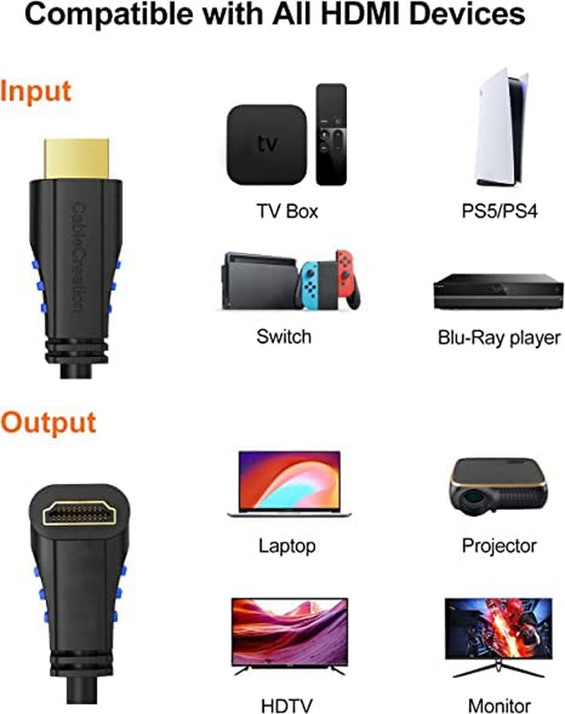 4K HDMI Cable 3Ft down Angle 90 Degree Right Angle, Support 4K@60Hz Ultra HD 3D Video, Male to Male Black HDMI Cable for TV, PC, Gaming and More