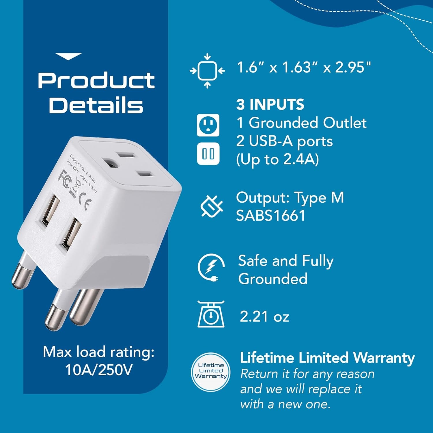South Africa, Botswana Travel Adapter Plug with Dual USB + USA Input - Type M - Ultra Compact - Safe Grounded Perfect for Cell Phones, Laptops, Camera Chargers and More (CTU-10L)