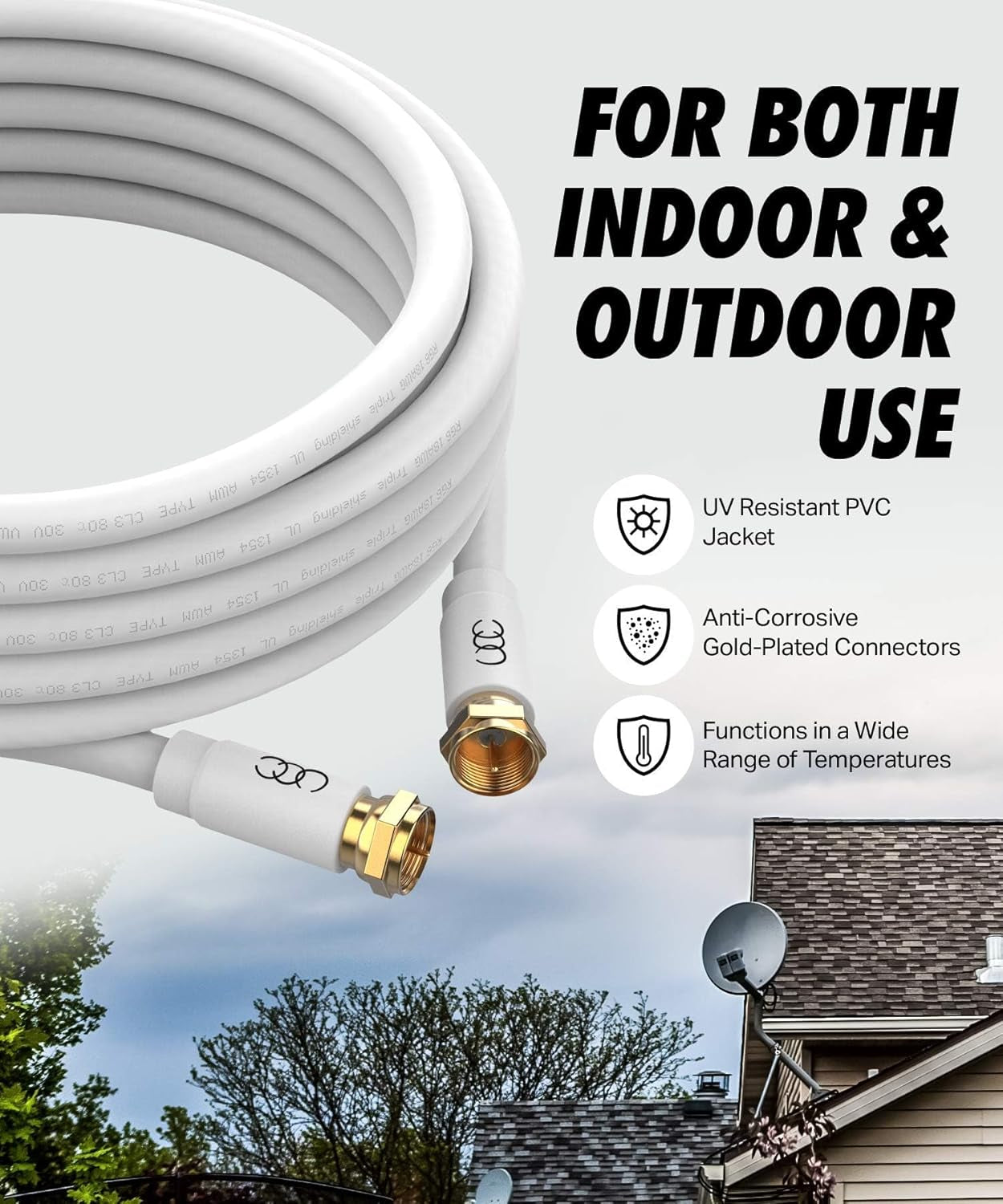 RG6 Coaxial Cable 30 FT, CL3 White Coax Cord TV Cable Wire, In-Wall Rated-Digital Audio Video Satellite Cable Extension, Gold Plated Compression Connectors - White