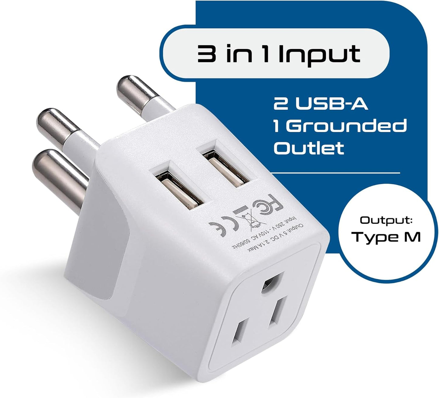 South Africa, Botswana Travel Adapter Plug with Dual USB + USA Input - Type M - Ultra Compact - Safe Grounded Perfect for Cell Phones, Laptops, Camera Chargers and More (CTU-10L)