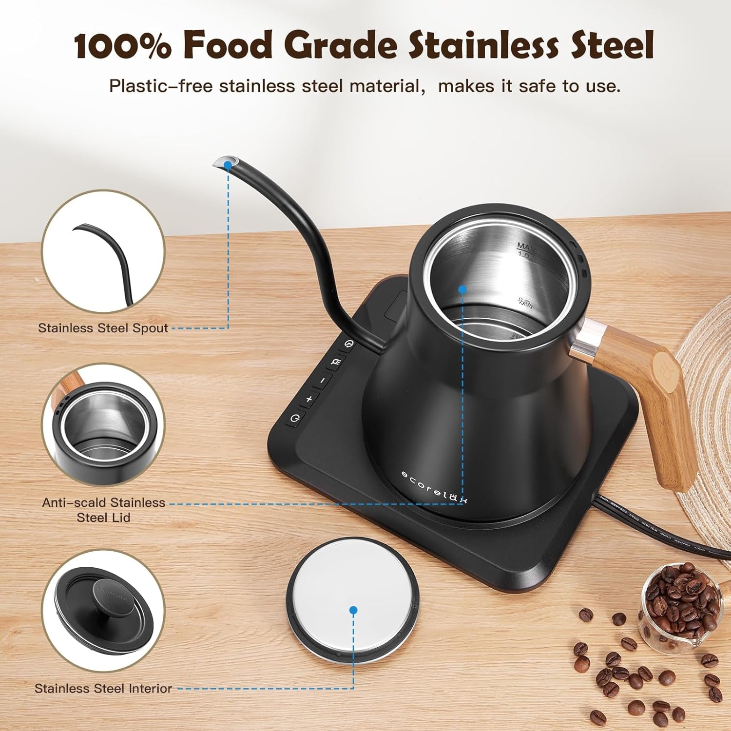 Gooseneck Electric Kettle, ±1℉ Temperature Control Pour over Kettle for Coffee, Tea & Water, Stainless Steel 1200 W Keep Warm OLED Display 1 L (Black)
